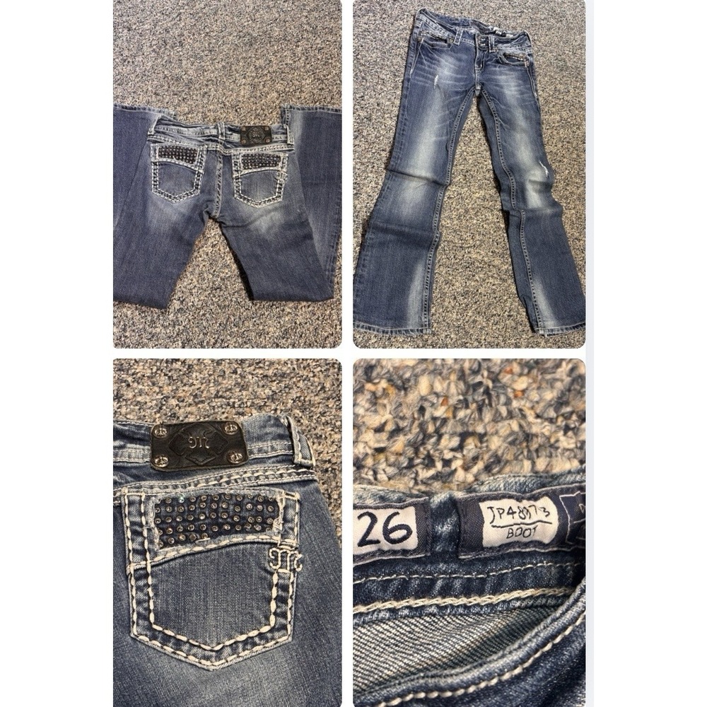 Miss Me~Boot Cut Jeans~Size 26~JP4897-3 Y2K Distress Rhinestones Low Rise Bling